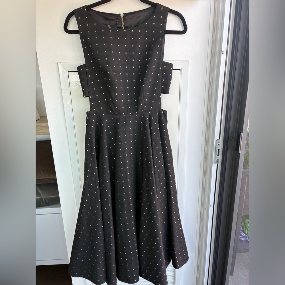 Ted Baker Cut Out Black and Gold Polka Dot Midi Dress